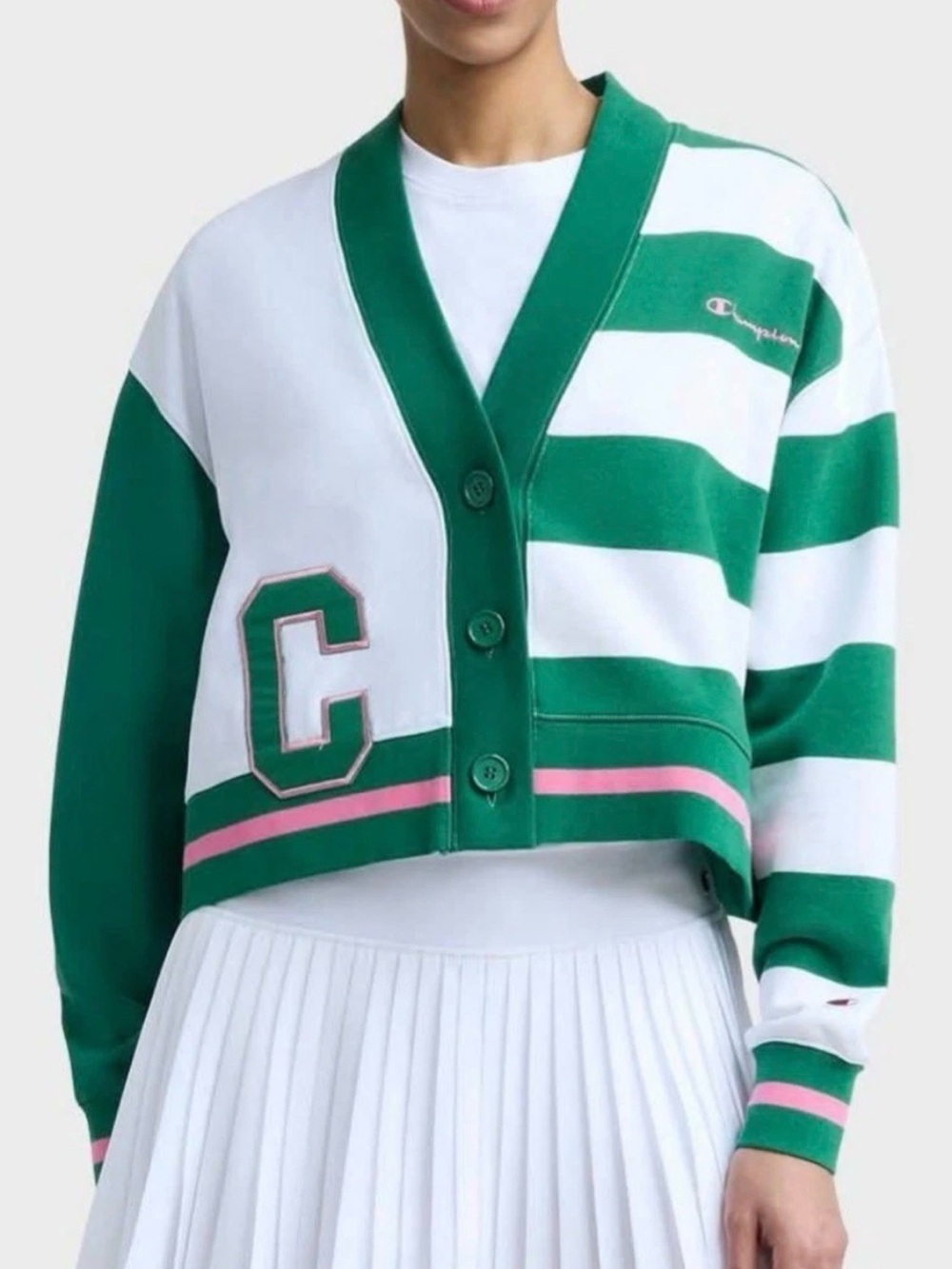 Size Large Champion Women's Collegiate Cardigan - White/Green Striped